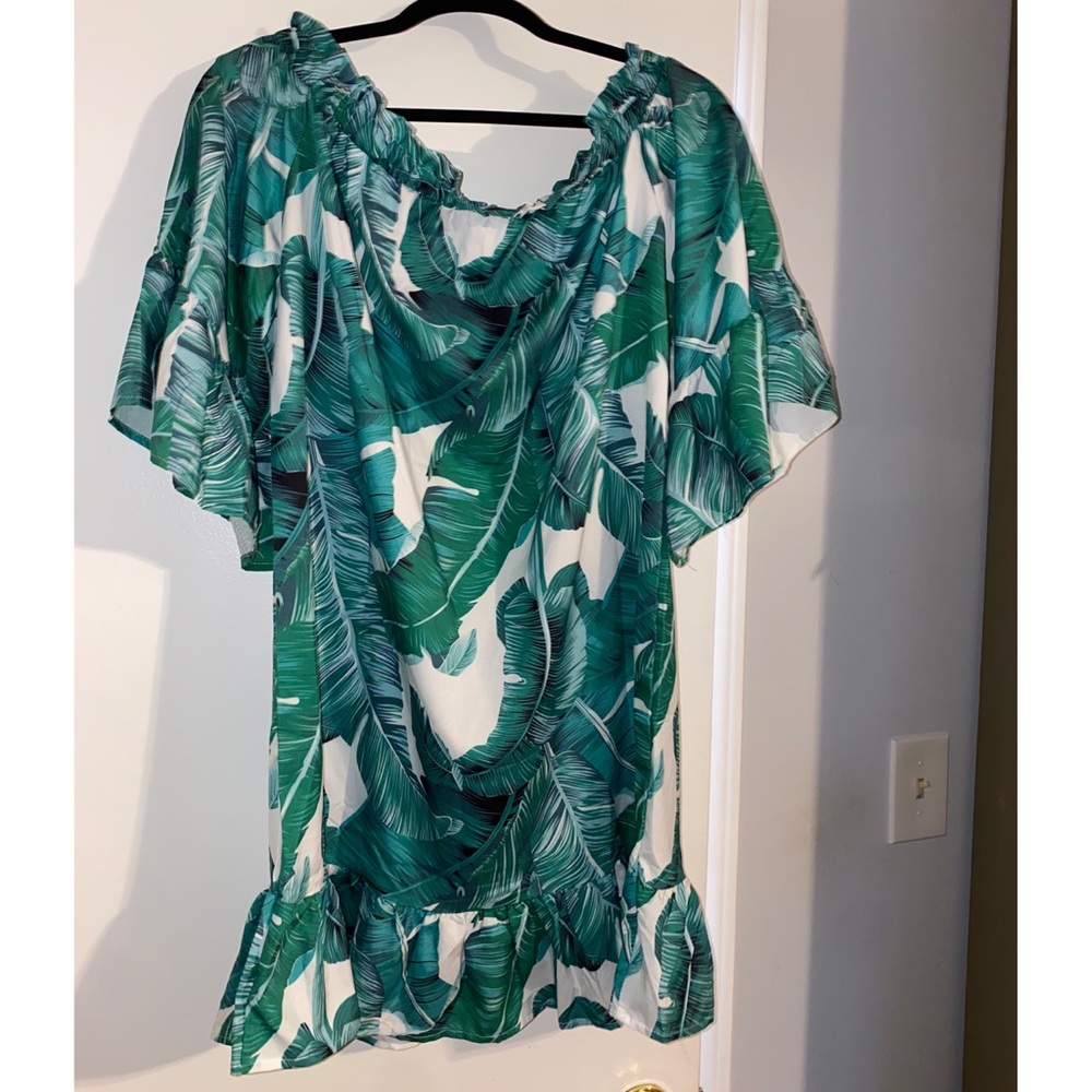 Tropical print off the shoulder mini dress